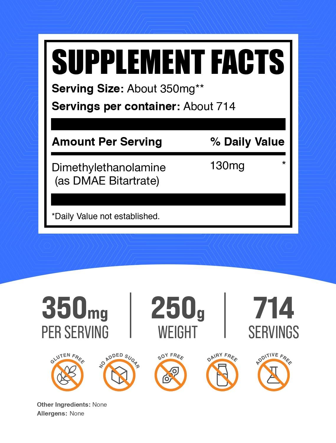 DMAE Bitartrate powder 350mg unflavored 250g serving information