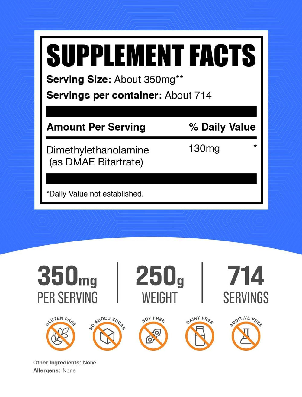 DMAE Bitartrate powder 350mg unflavored 250g serving information