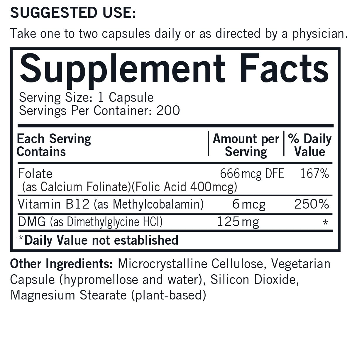 Product label showing DMG 125 mg with Folate and Methyl B12