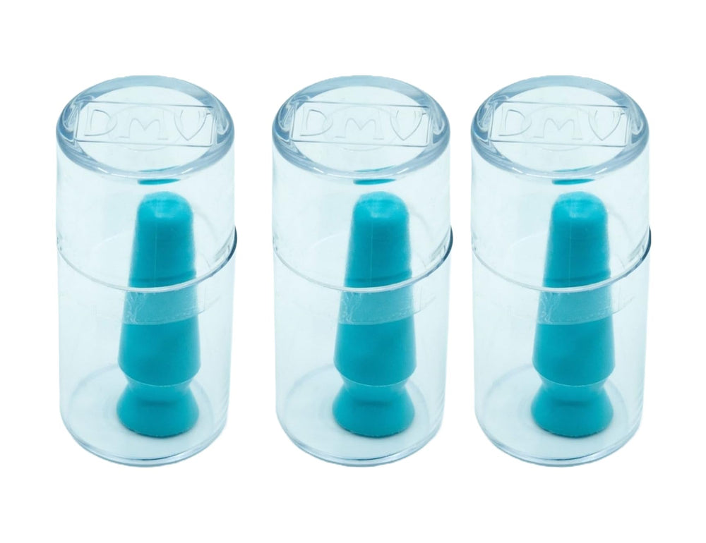 Three light blue DMV Scleral Cups arranged for display