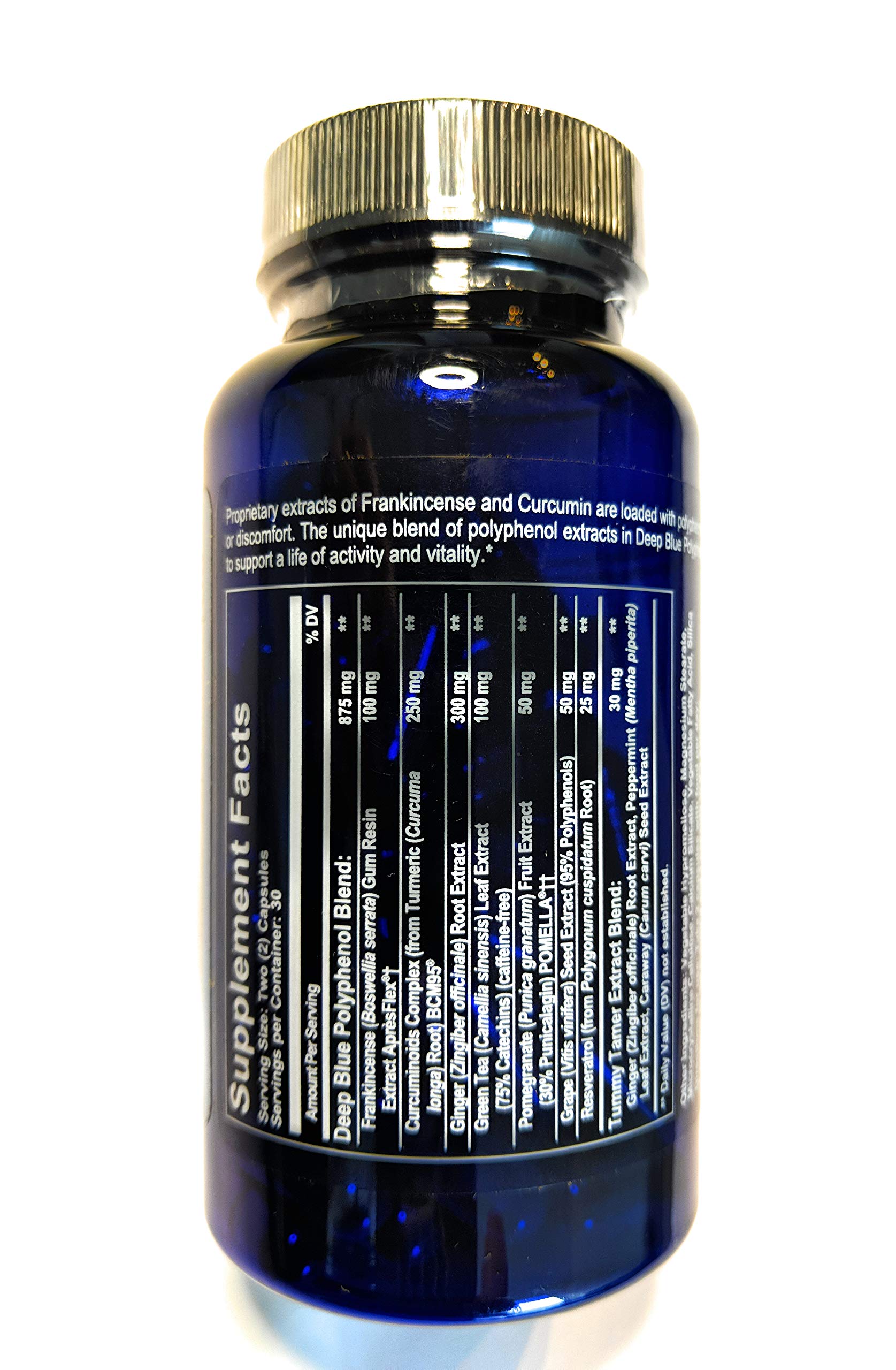Close-up of ingredients in Deep Blue Polyphenol Complex: frankincense, turmeric, green tea, ginger, pomegranate, grape seed