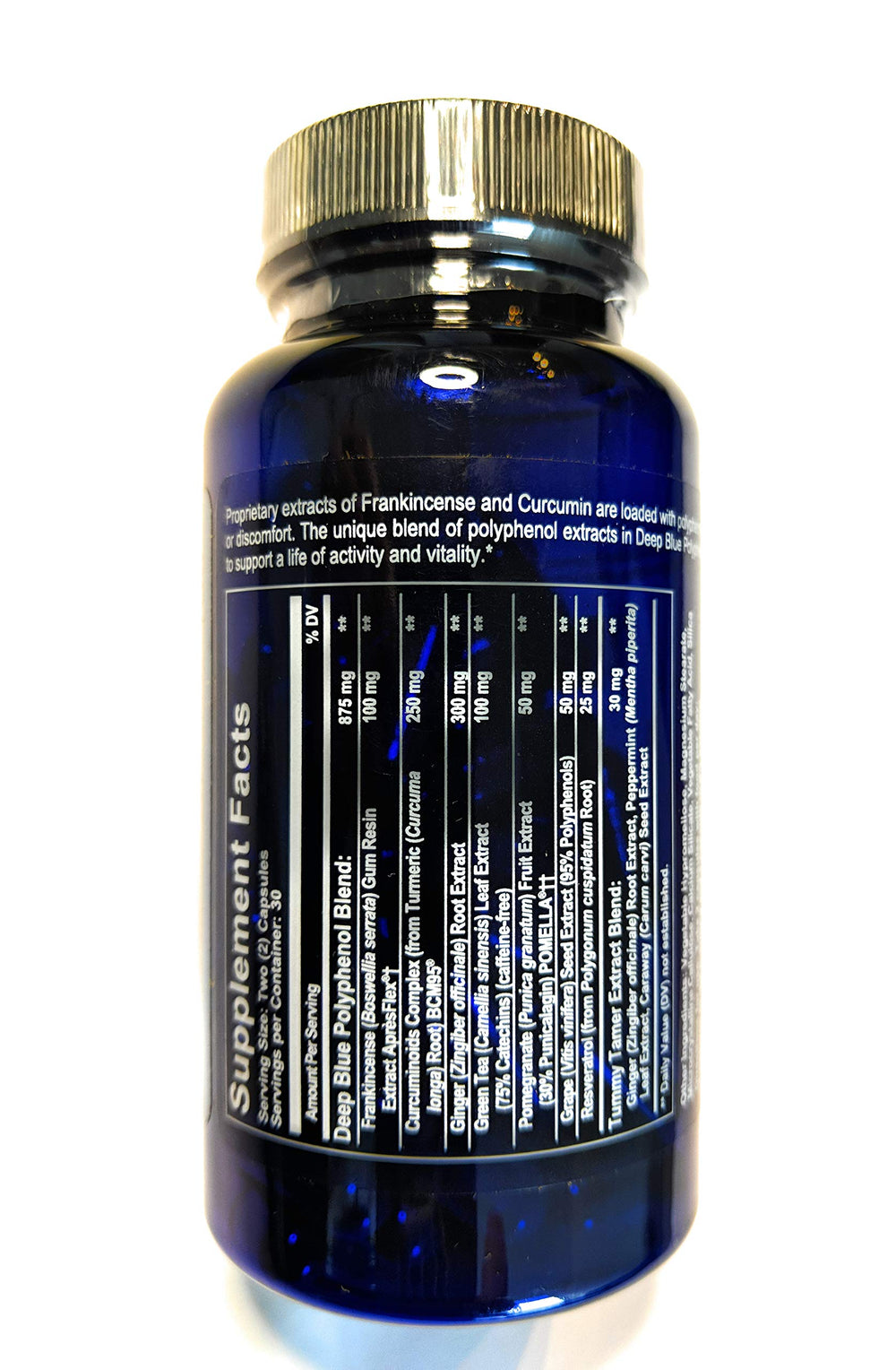 Close-up of ingredients in Deep Blue Polyphenol Complex: frankincense, turmeric, green tea, ginger, pomegranate, grape seed