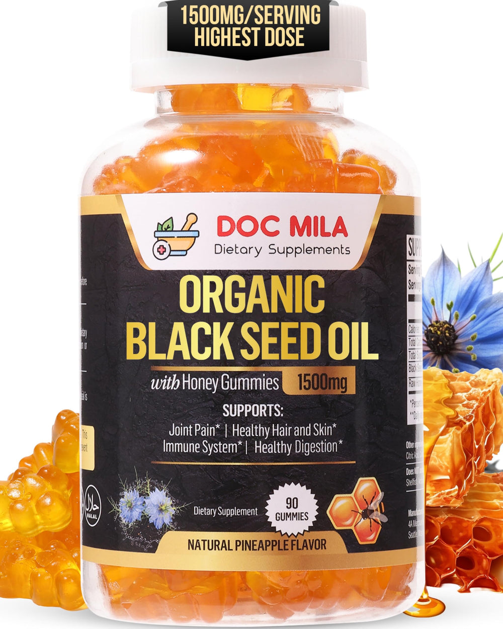Doc Mila Organic Black Seed Oil Gummies bottle with pineapple flavor