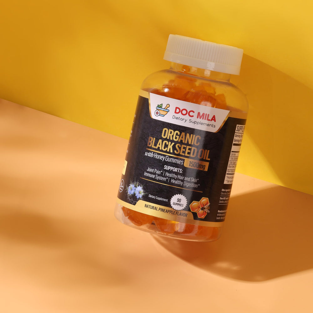 Product packaging of Doc Mila Black Seed Oil Gummies 1500mg