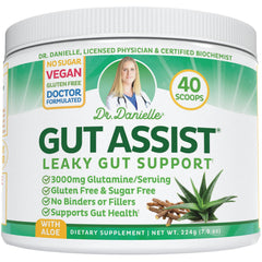 Doctor Danielle GutAssist leaky gut repair powder bottle on white background