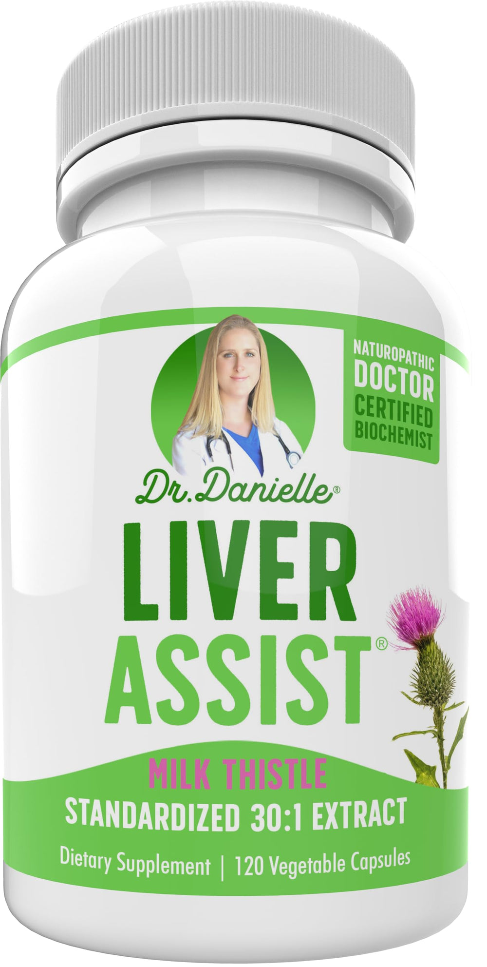 Doctor Danielle Liver Assist bottle front highlights organic milk thistle for daily liver support.
