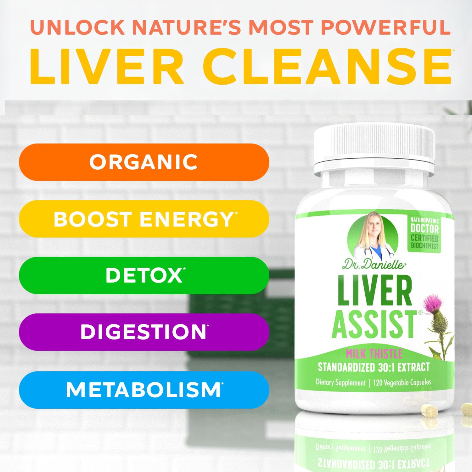 Doctor Danielle Liver Assist ingredients scene showcases milk thistle among an organic blend.