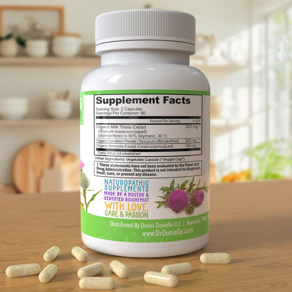 Doctor Danielle Liver Assist packaging flatlay emphasizes organic, detox-oriented liver cleanse routine.