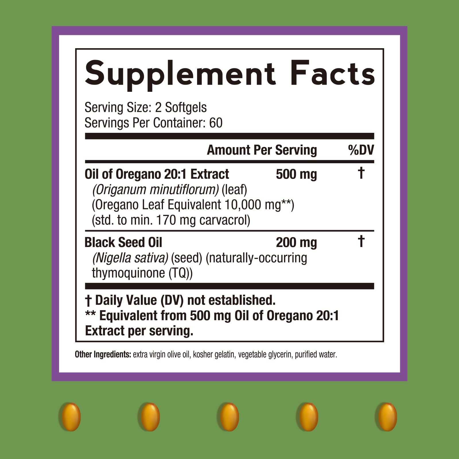 Close-up of oregano leaf extract and black seed oil ingredients
