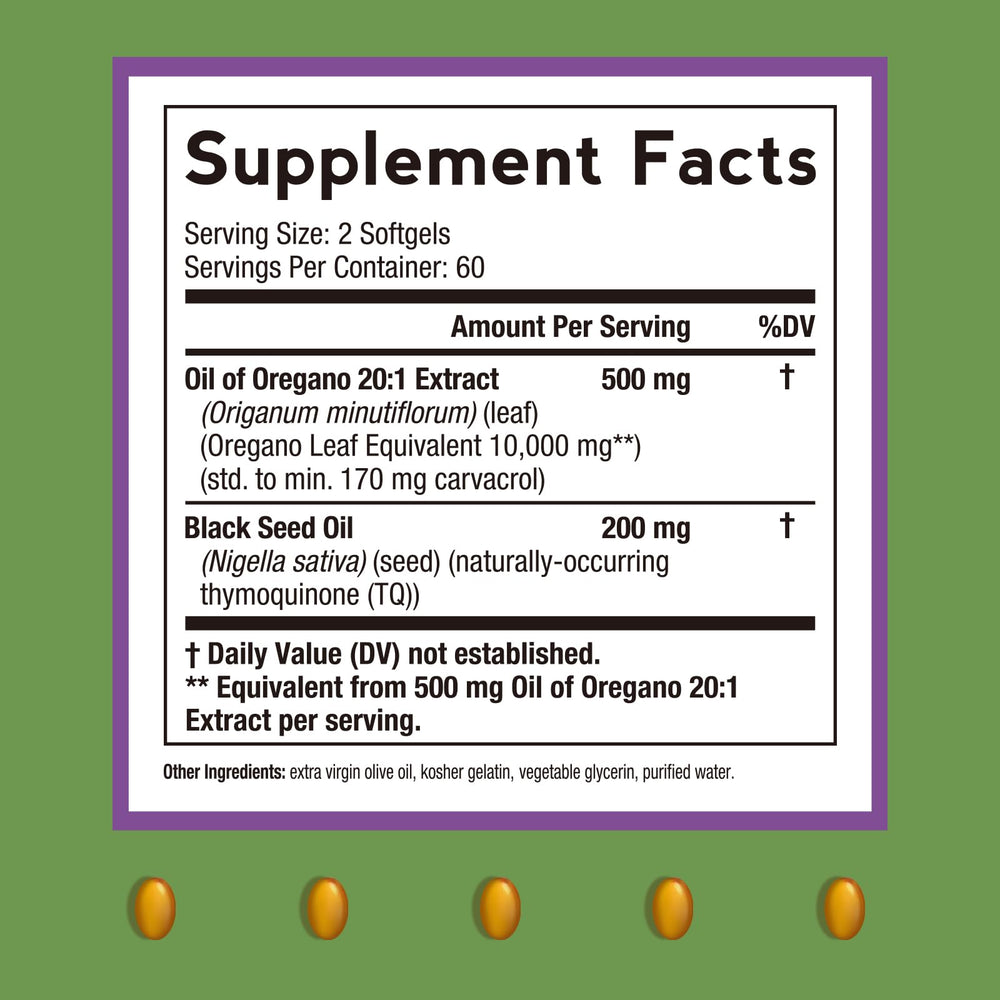 Close-up of oregano leaf extract and black seed oil ingredients