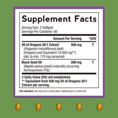 Close-up of oregano leaf extract and black seed oil ingredients