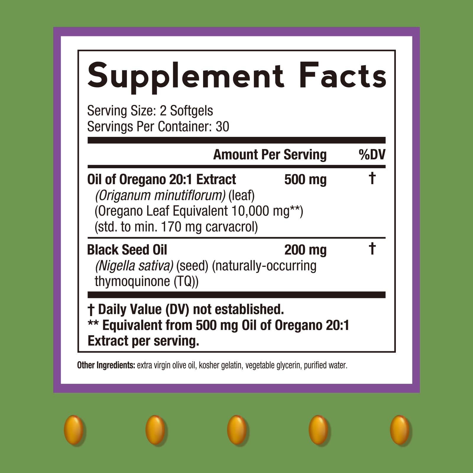 Close-up of oregano leaf extract and black seed oil softgels