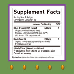 Close-up of oregano leaf extract and black seed oil softgels