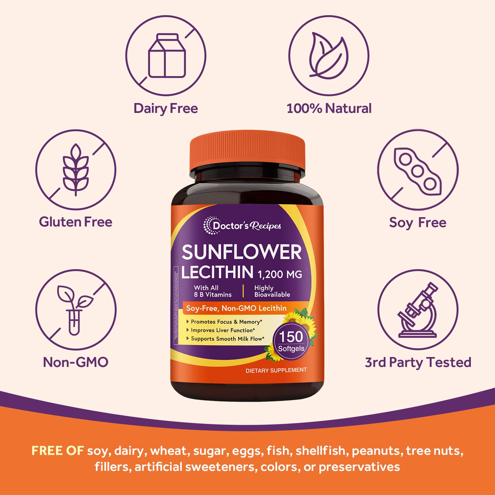 Non-GMO, soy-free, gluten-free and dairy-free badges