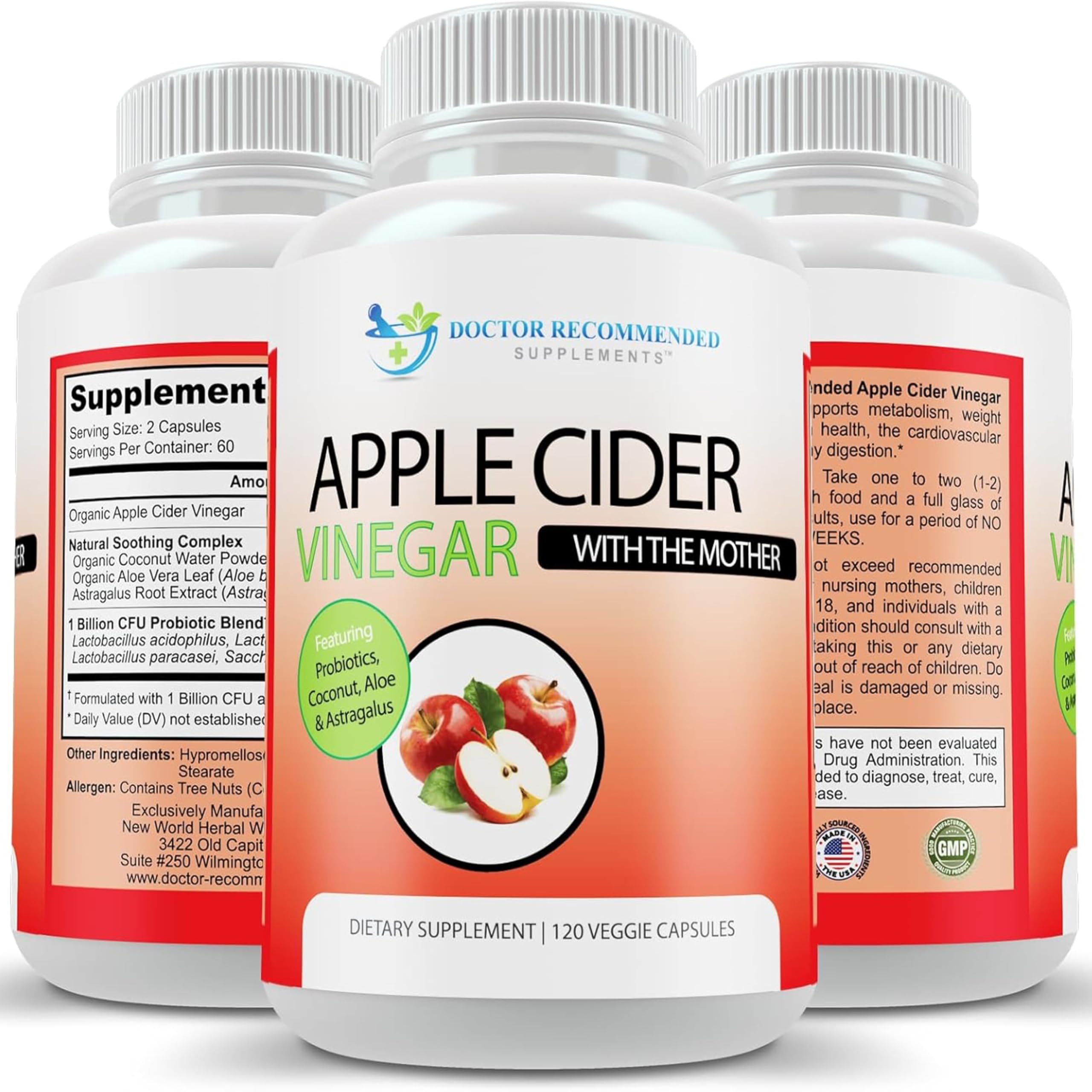 DOCTOR RECOMMENDED SUPPLEMENTS Apple Cider Vinegar Capsules bottle illustrates 1500mg daily wellness support.