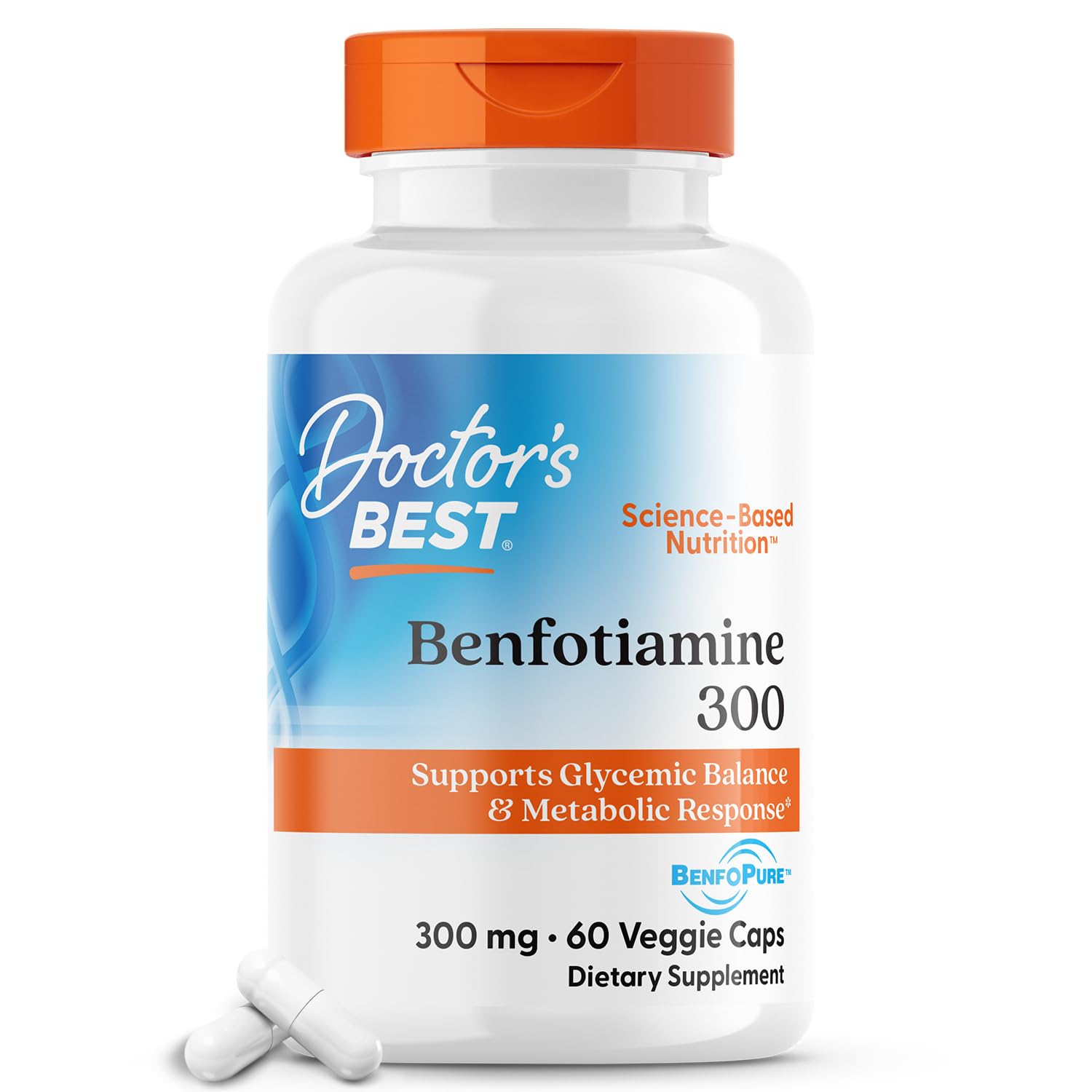 Bottle label displaying Doctor's Best Benfotiamine 300 mg with BenfoPure