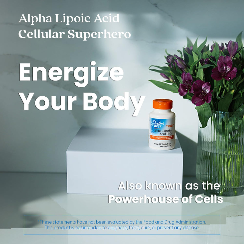 Doctor's Best Alpha-Lipoic Acid benefits chart illustrating energy and antioxidant support