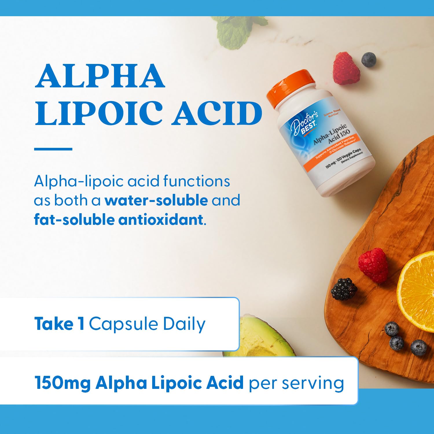 Doctor's Best Alpha-Lipoic Acid with glass of water ready for daily routine
