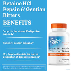 Bottle of Doctor's Best Betaine HCl Pepsin & Gentian Bitters dietary supplement