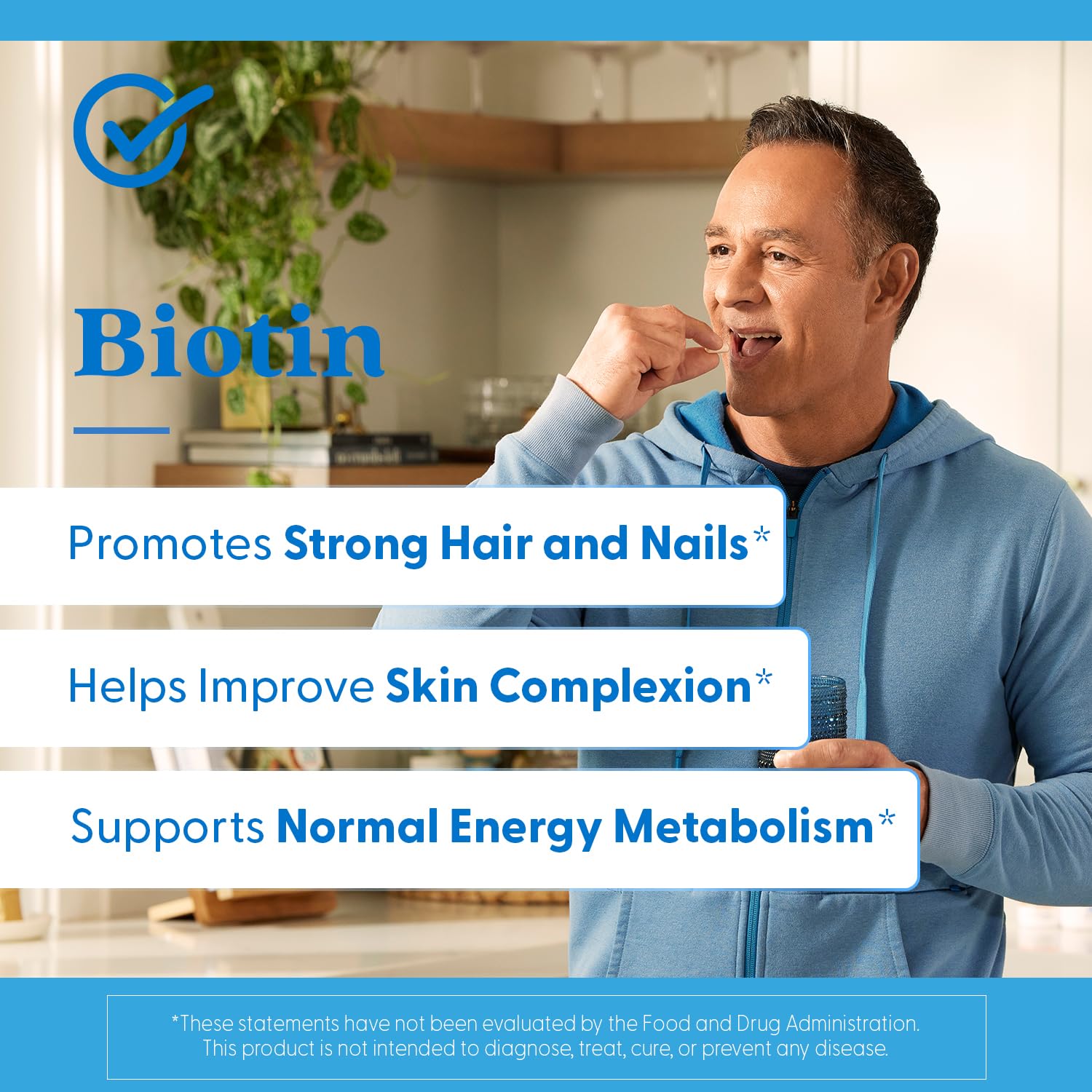 Biotin supplement bottle on a white background