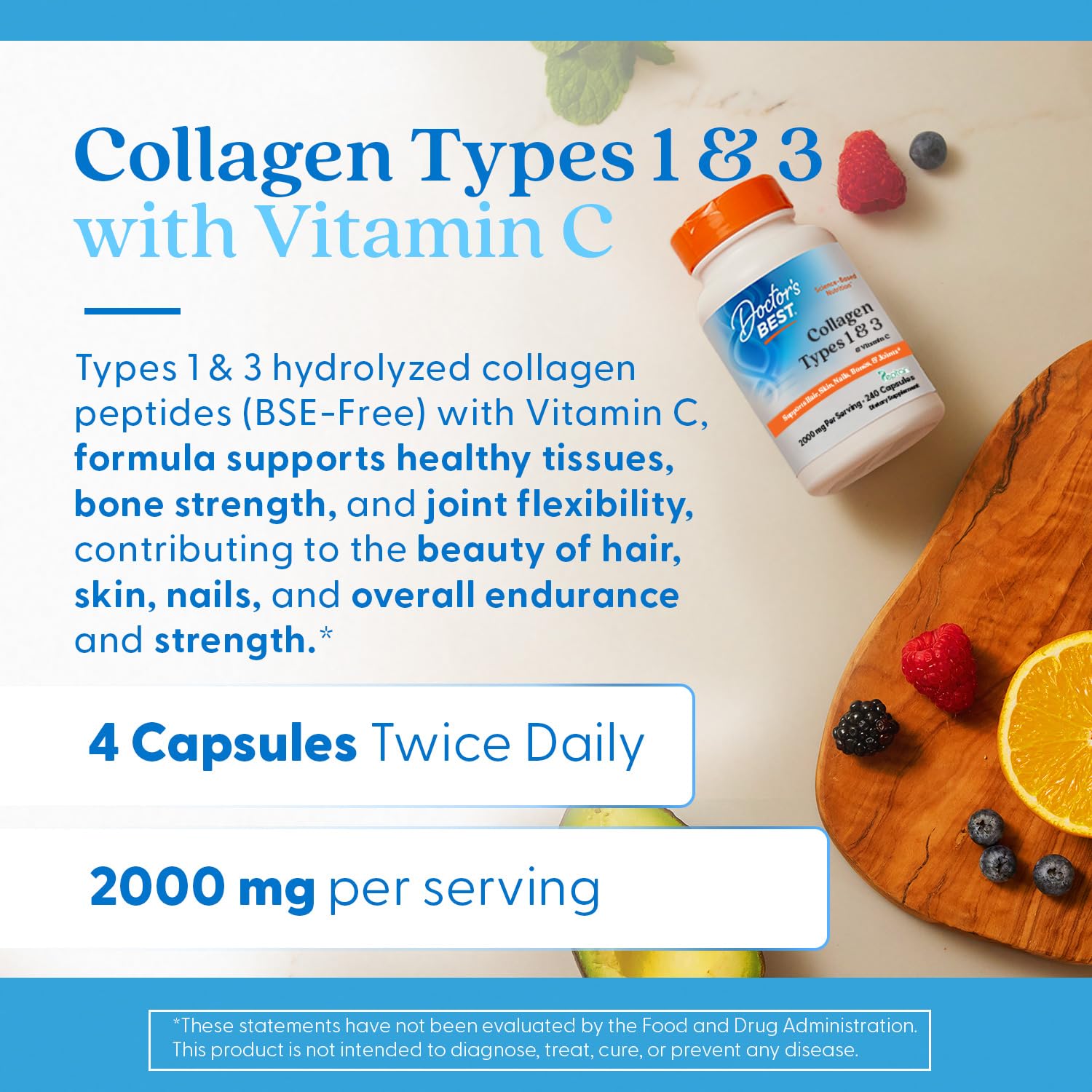 Doctor's Best Collagen Types 1 & 3 capsules with a glass of water ready to take