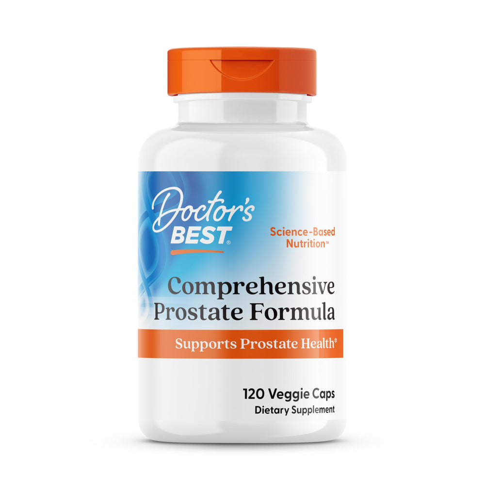 Doctors Best Comprehensive Prostate Formula bottle front promotes prostate health and urinary comfort.