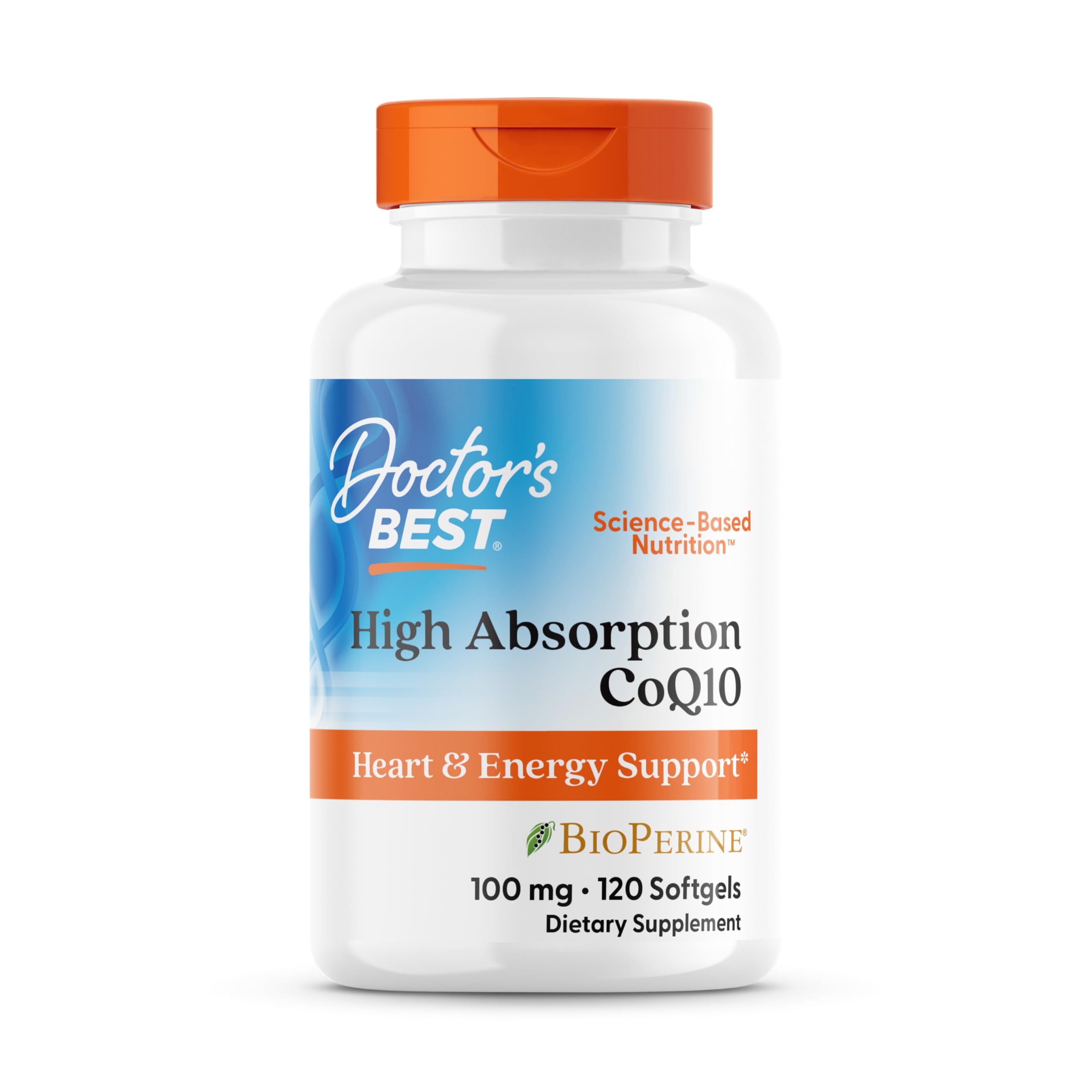 Front view of Doctor's Best High Absorption CoQ10 with BioPerine bottle, 100 mg, 120 count