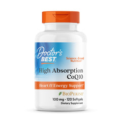 Front view of Doctor's Best High Absorption CoQ10 with BioPerine bottle, 100 mg, 120 count