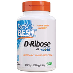 Doctor's Best D-Ribose bottle label highlights vegan veggie caps for energy support.