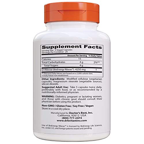 Doctor's Best D-Ribose veggie caps closeup emphasizing non-GMO, gluten-free features.