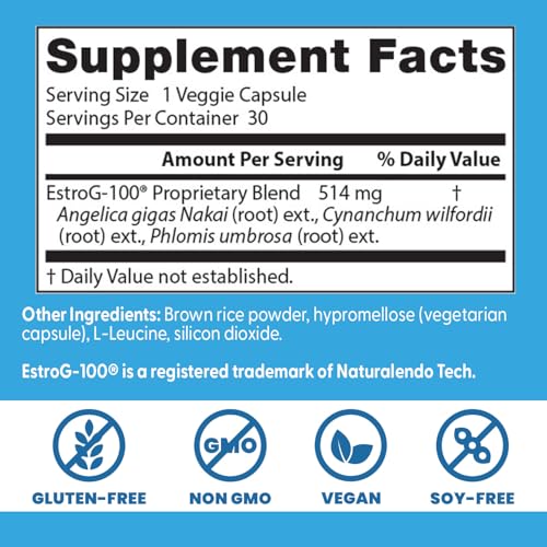 EstroG-100 capsules close-up highlighting vegan, non-GMO supplement