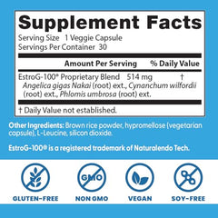 EstroG-100 capsules close-up highlighting vegan, non-GMO supplement