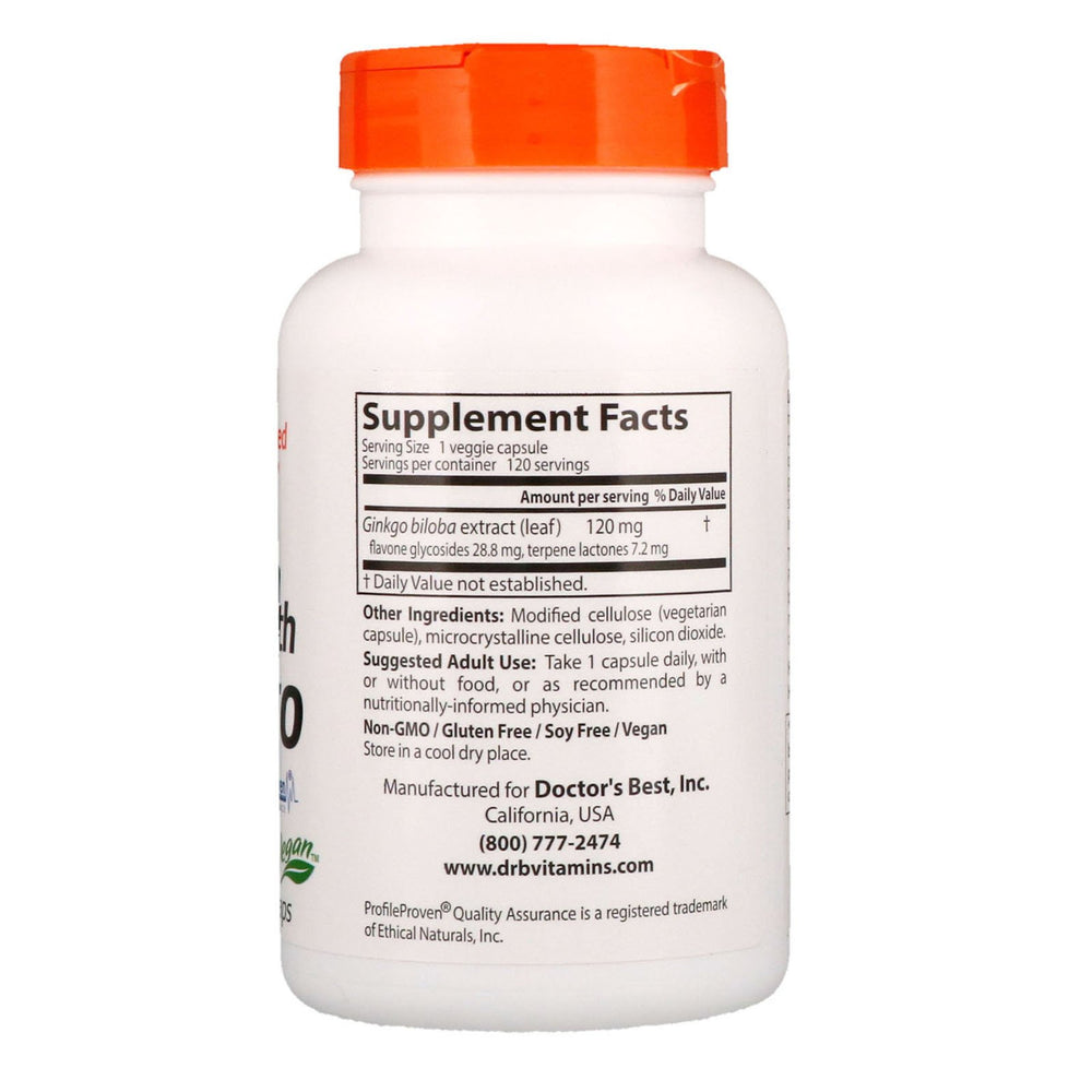Side/back view of Doctor's Best Ginkgo 120 mg Veggie Caps bottle (Pack of 2)