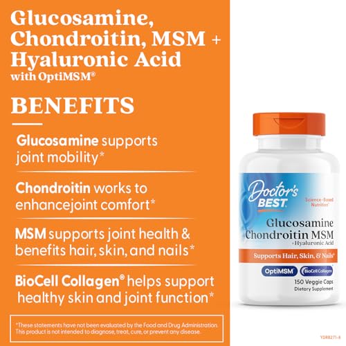 Close-up of ingredient highlights: glucosamine, chondroitin, msm, hyaluronic acid