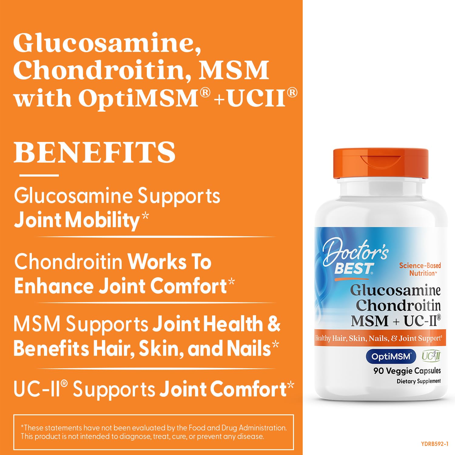 Close-up of product label highlighting Glucosamine, Chondroitin, MSM, UCII