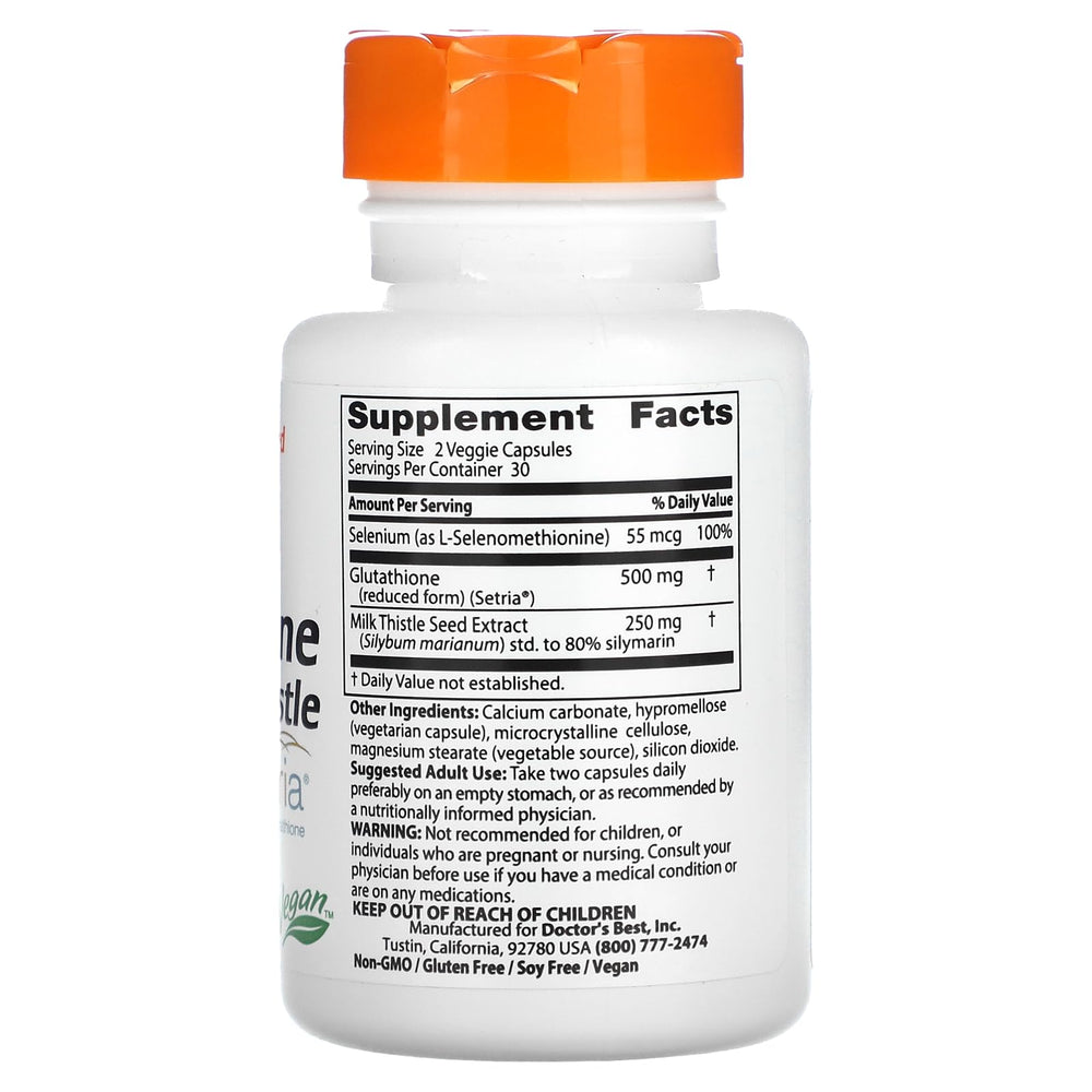 Close-up of Setria glutathione and milk thistle ingredients label