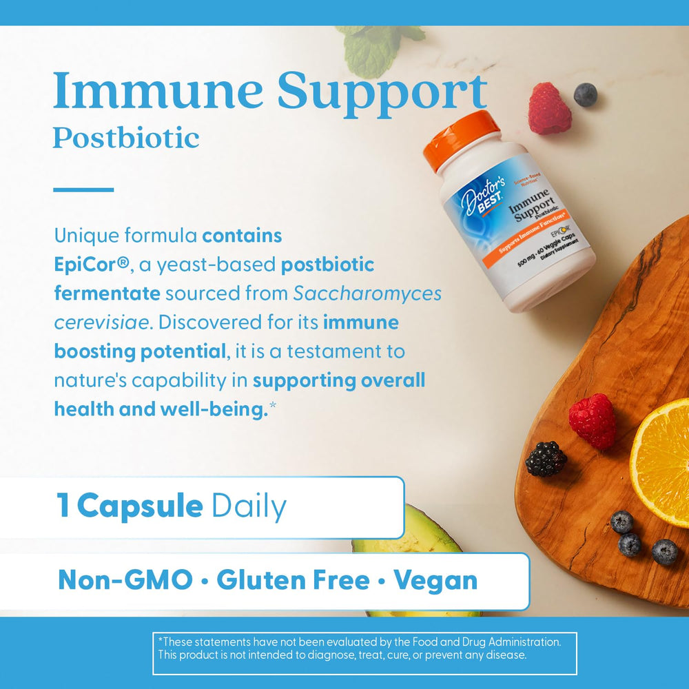 Doctor's BEST Immune Support non-GMO gluten-free vegan icons for dietary-friendly choice