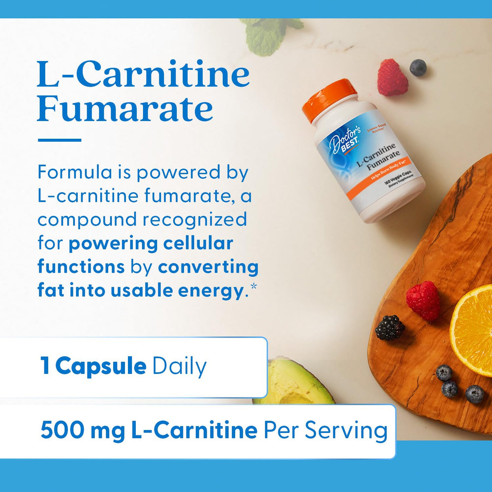 Doctor's Best L-Carnitine Fumarate veggie capsules on a light background imply vegan, allergen-free use.