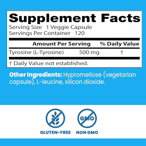 Doctors Best L-Tyrosine 500 mg label with Non-GMO and Gluten-Free marks