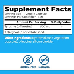Doctors Best L-Tyrosine 500 mg label with Non-GMO and Gluten-Free marks