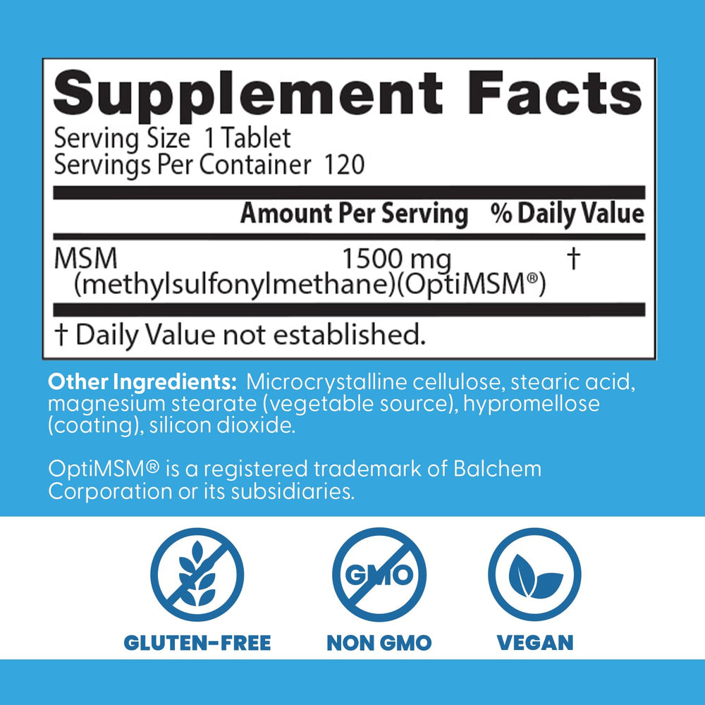 Label highlighting 1500 mg MSM per serving