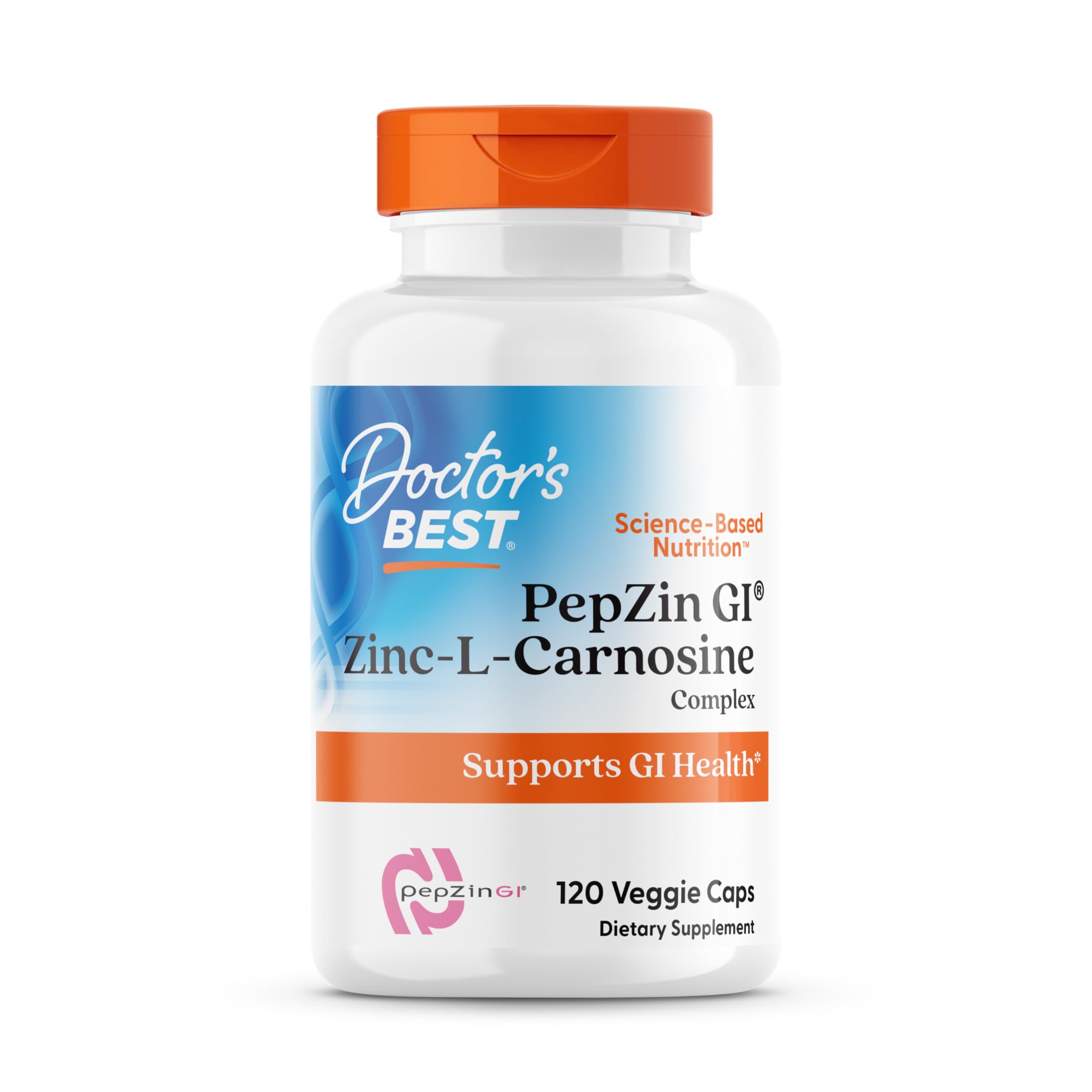 Doctor's Best PepZin GI bottle highlighting zinc-L-carnosine for digestive support