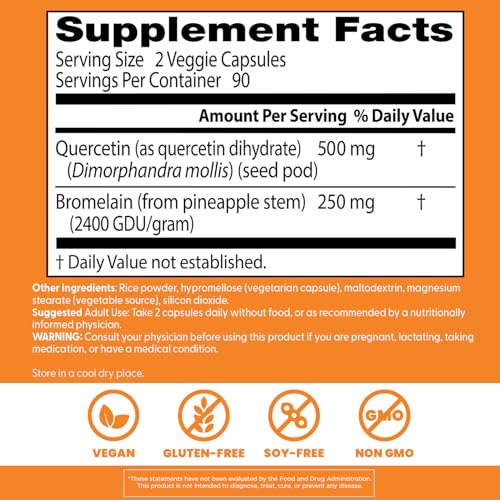 Supplement facts panel showing quercetin 500 mg and bromelain 250 mg per serving