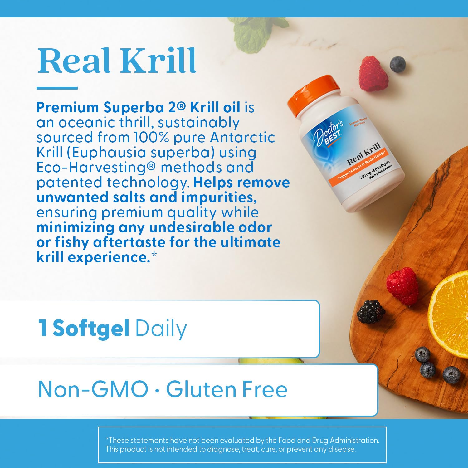 Doctor's Best Real Krill 350mg bottle on counter signaling convenient daily omega-3 intake