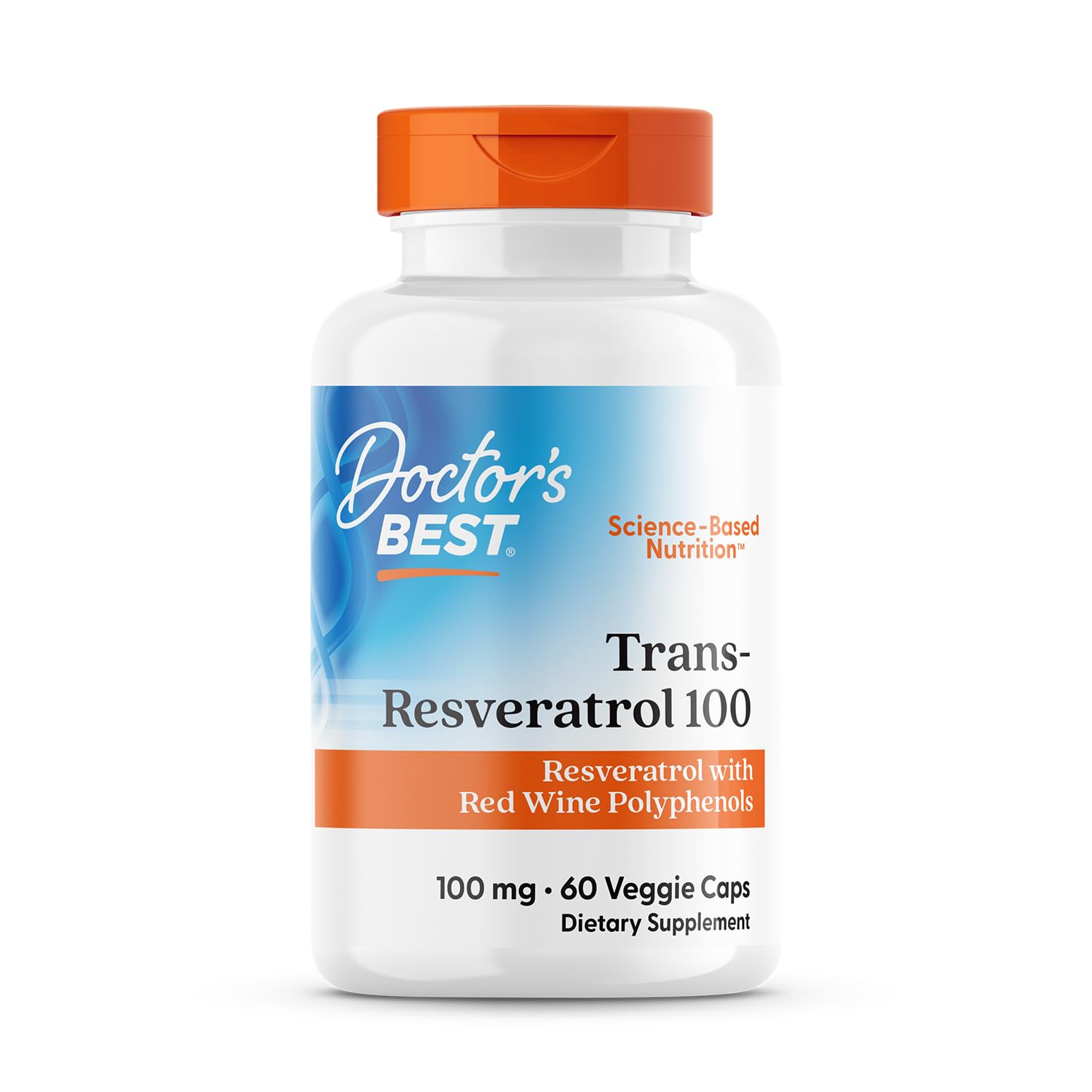 Doctor's Best Trans-Resveratrol bottle front highlighting antioxidant support.