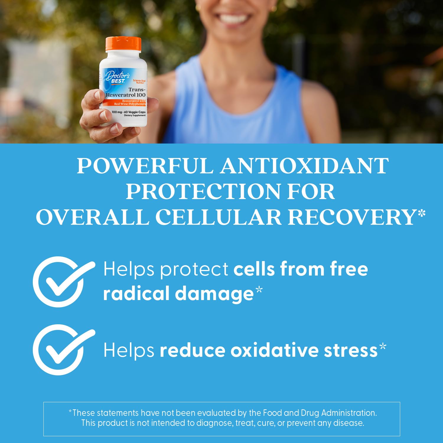 Doctor's Best Trans-Resveratrol bottle with heart-health scene.