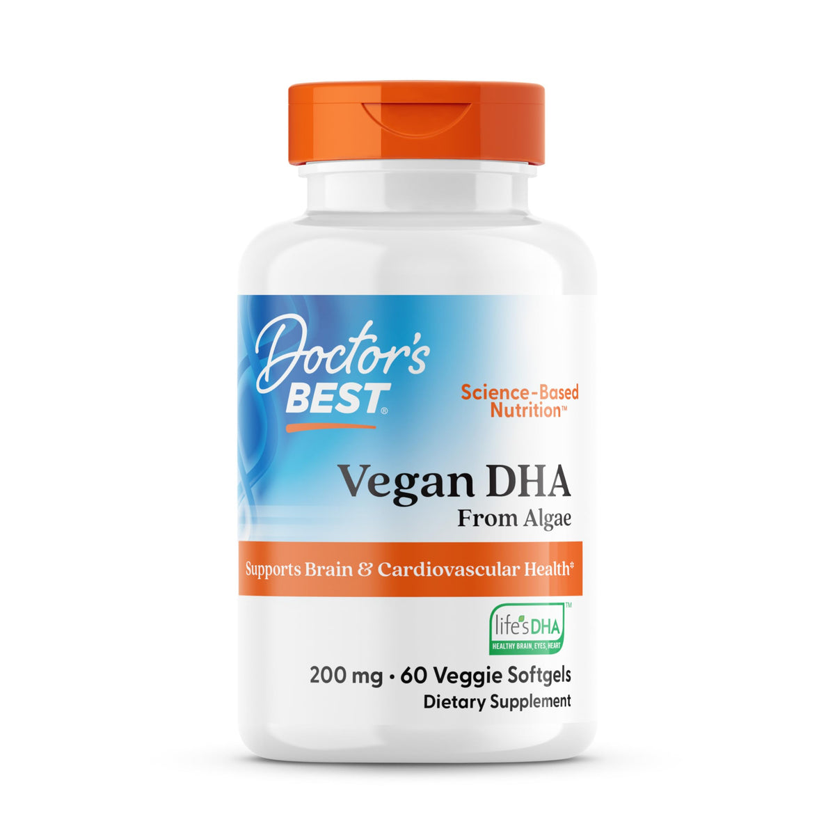 Doctors Best Vegan DHA algae softgels bottle highlights plant-based cognitive support possibilities.