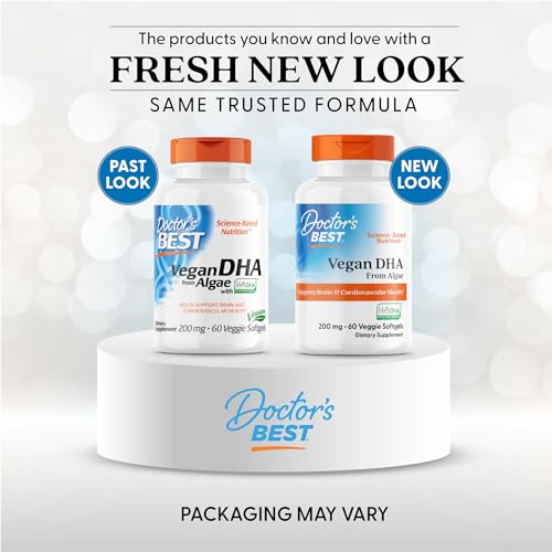 Doctors Best Vegan DHA algae softgels label shows non-GMO gluten-free soy-free vegan nutrition.