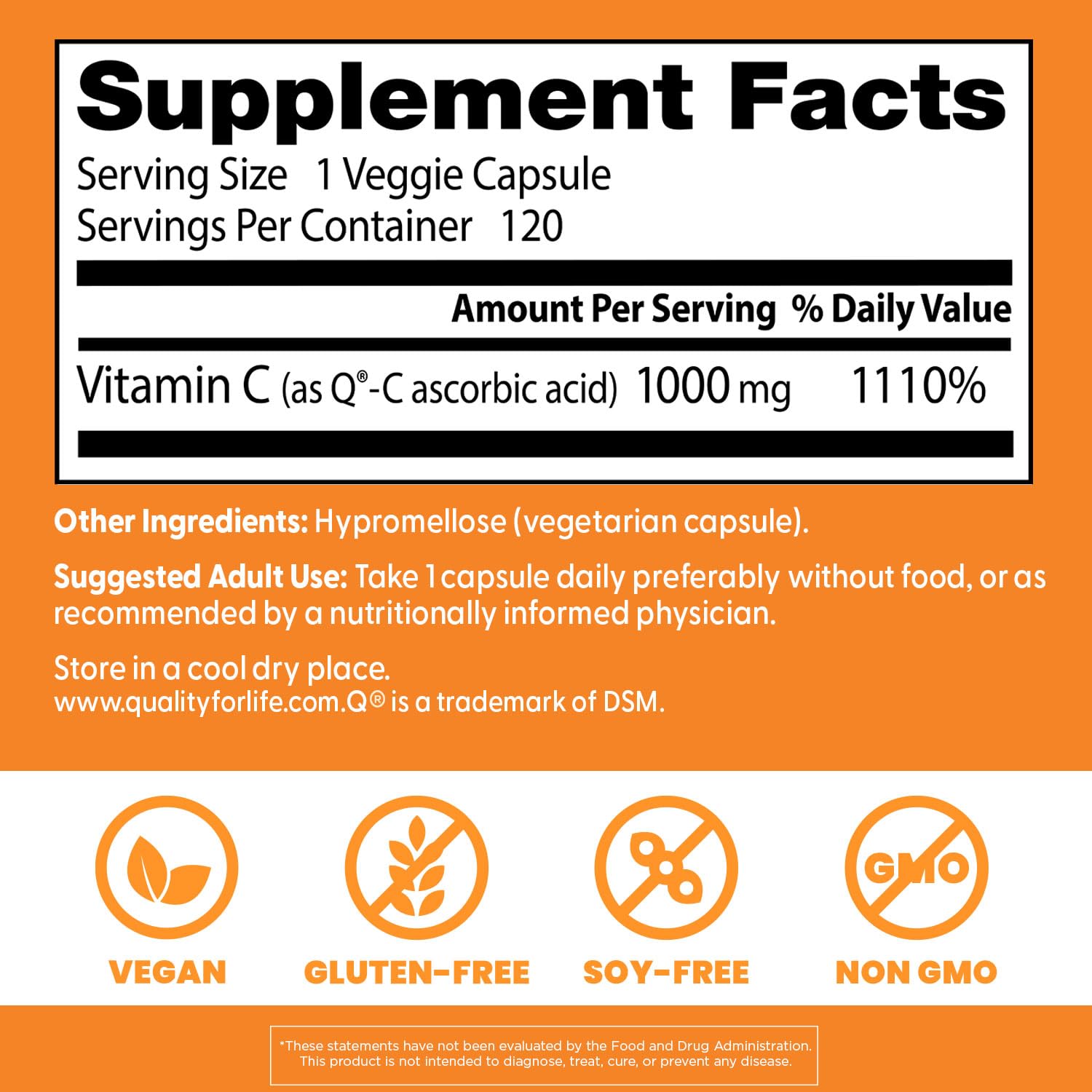 Supplement facts panel for Doctor's Best Vitamin C with Q-C 1000 mg