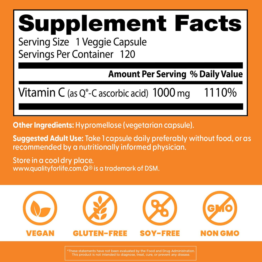 Supplement facts panel for Doctor's Best Vitamin C with Q-C 1000 mg